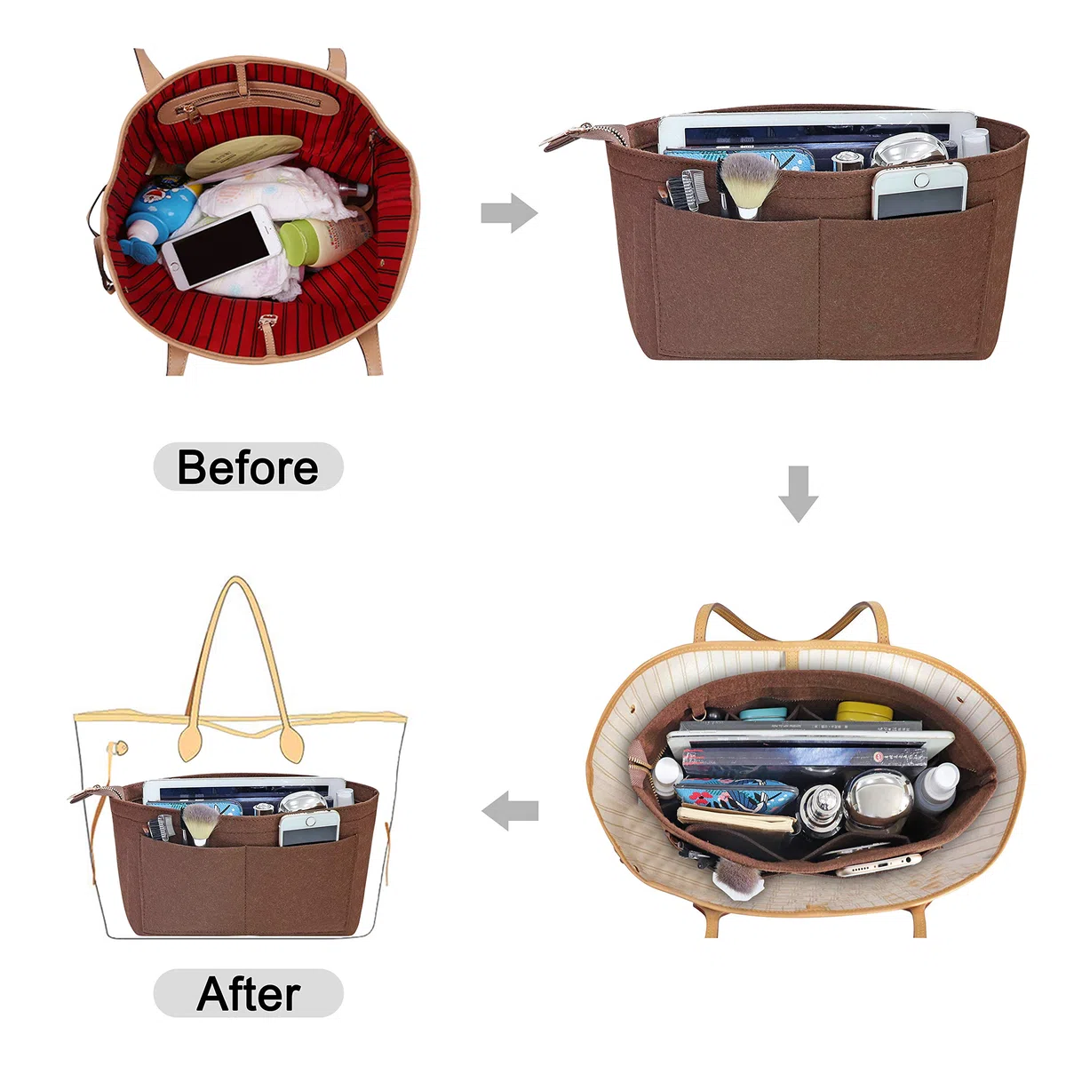 Organizador de Bolsos de Fieltro Organizador de Bolsos de Fieltro Insertar organizadores de Bolsos Bolso de Mano de Bolsillos múltiples para Mujeres(Café,Medio)