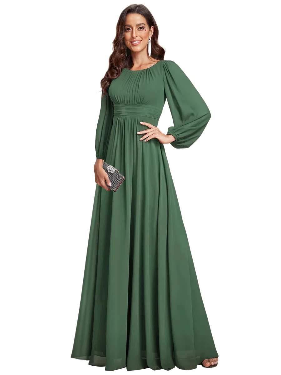 Ever-Pretty Vestido formal de gasa con cuello redondo y mangas largas plisadas, cintura imperio, talla grande, vestido de dama de honor