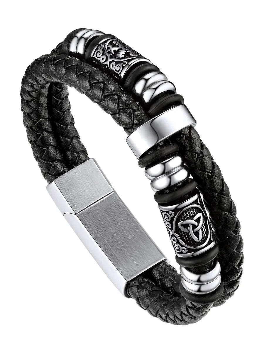 Bandmax Pulsera Viking Cuero Hombre con Charms Brújulas, 19cm 21cm 23cm 25cm Largo, Broche Imán Robusto, Personalizable, Incluye Joyero