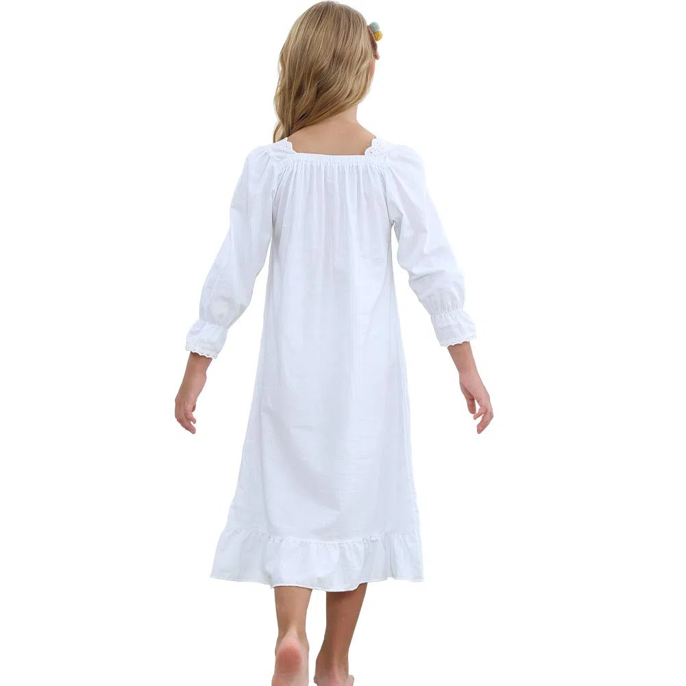 Niña Manga Larga Pijama de Algodón de Vestido de Noche Camisones para Niñas Blanco,90-150 Cm