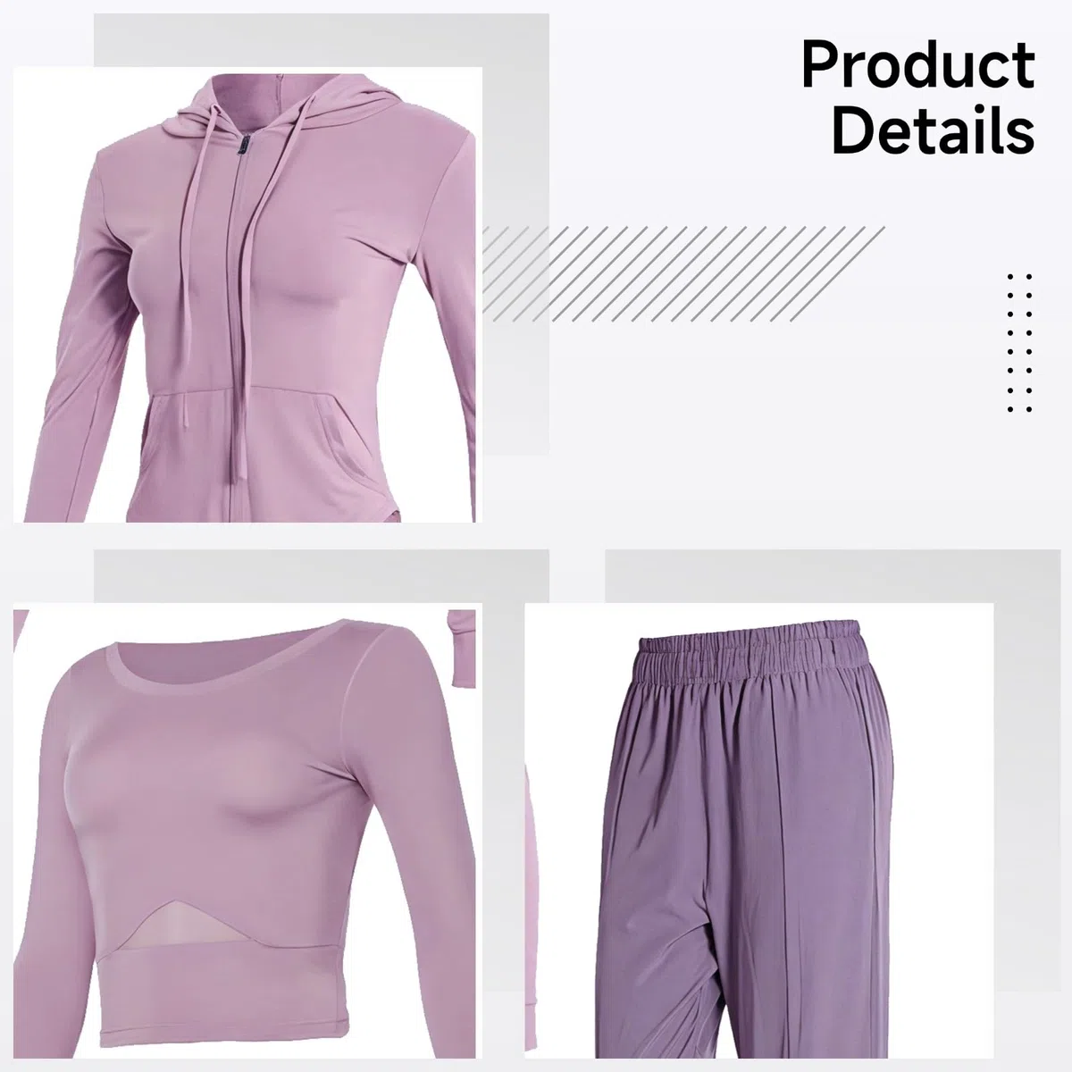 Conjuntos de entrenamiento genéricos de tres piezas para mujer, conjuntos de yoga de 3 piezas con chaqueta con capucha, tela transpirable para gimnasio y uso casual, disponible en S a XXL