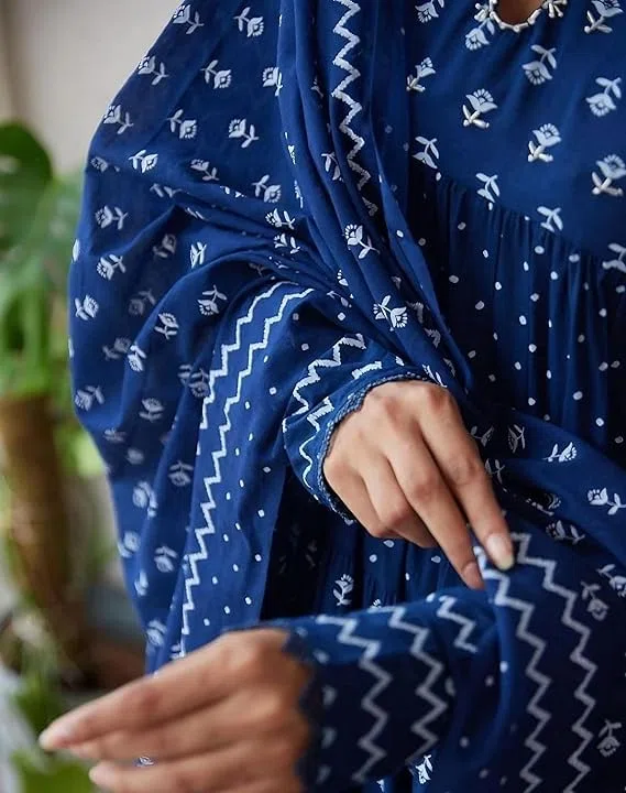 Pantalón Kurta de algodón índigo con estampado a mano para mujer con Dupatta