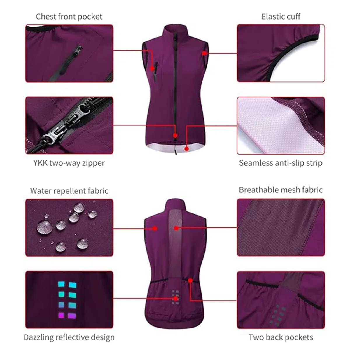 Chaleco Ciclismo para Mujer,Chaqueta Ligera y Transpirable sin Mangas, Chaleco para Correr a Prueba Viento, Chaqueta Cortavientos para Bicicleta montaña Chaleco,Purple-XL