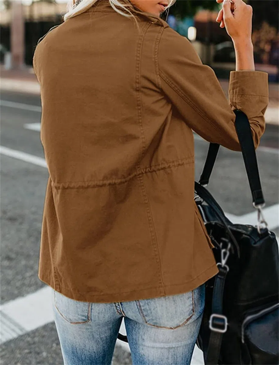 Generisch Chaqueta militar anorak para mujer, ligera, informal, con cremallera, botones de presión, abrigos de carga con bolsillo, chaqueta vaquera para mujer