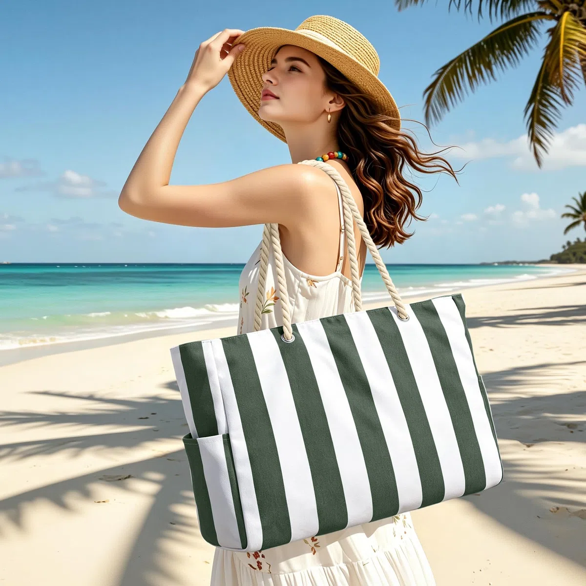 Becokan Bolsa de natación para mujer, impermeable, a prueba de arena, grande, a rayas, con cremallera