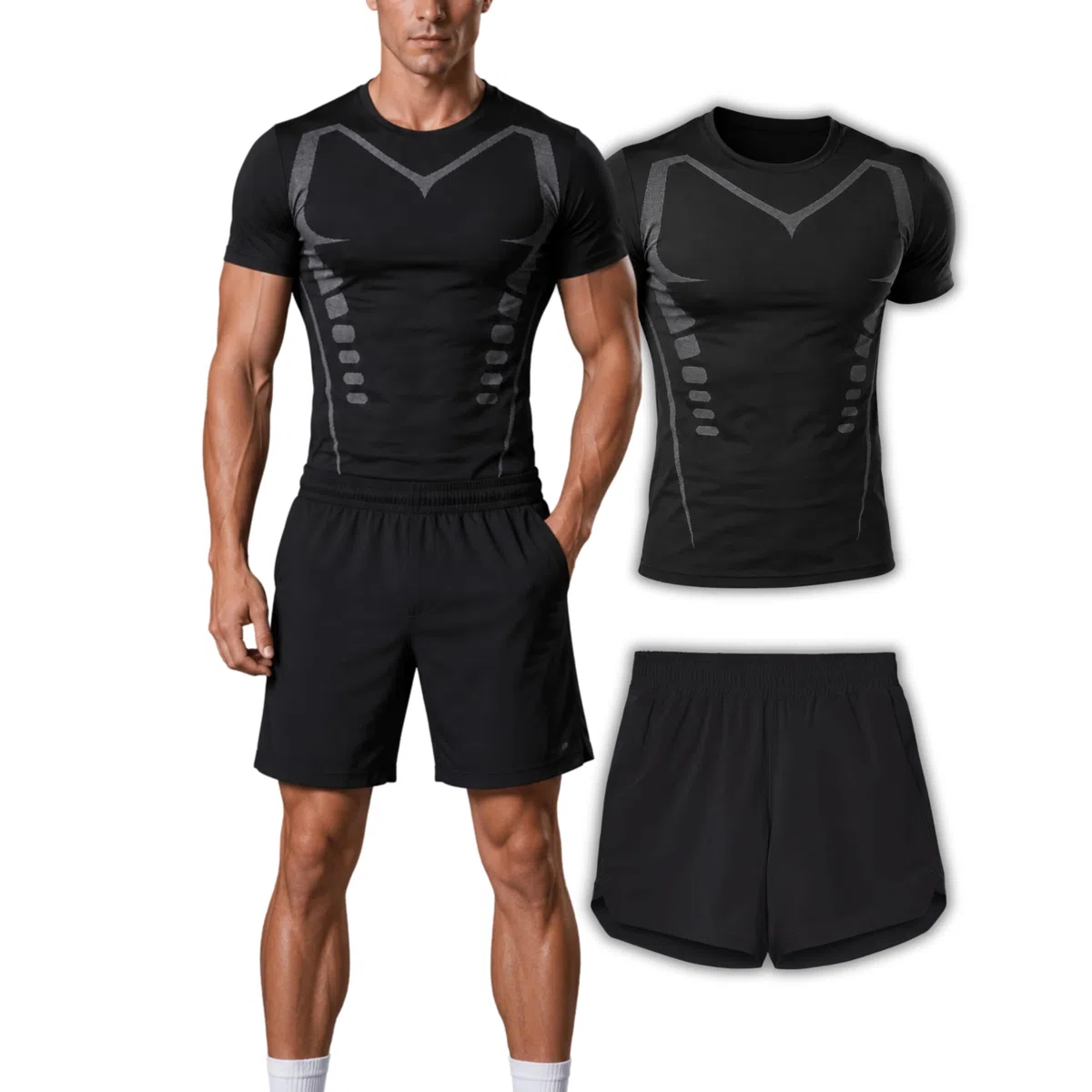 RONS Conjunto Deportivo Hombre 2 Piezas, Camiseta y Pantalón Corto, Transpirable, Secado Rápido, Gym, Crossfit, Running, Padel