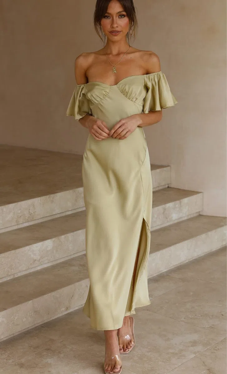 Vestido formal de satén con hombros descubiertos para mujer, elegante, manga de mariposa, vestido midi de cóctel con abertura para fiesta de graduación