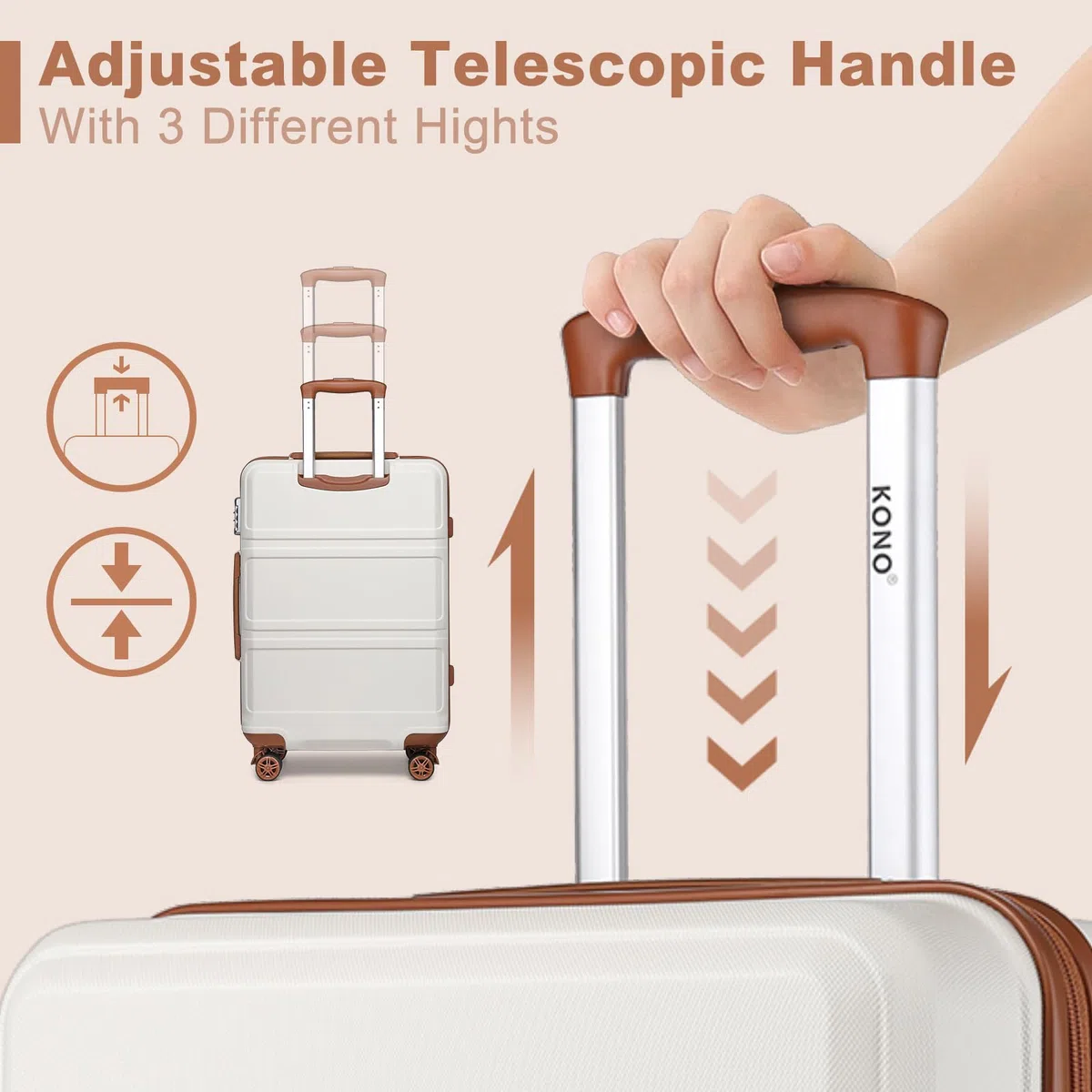 Kono Maleta de Mano Grande 23 Kilos Maleta Grande 75cm con Material ABS con Cerradura TSA y 4 Ruedas（L,Crema Claro）
