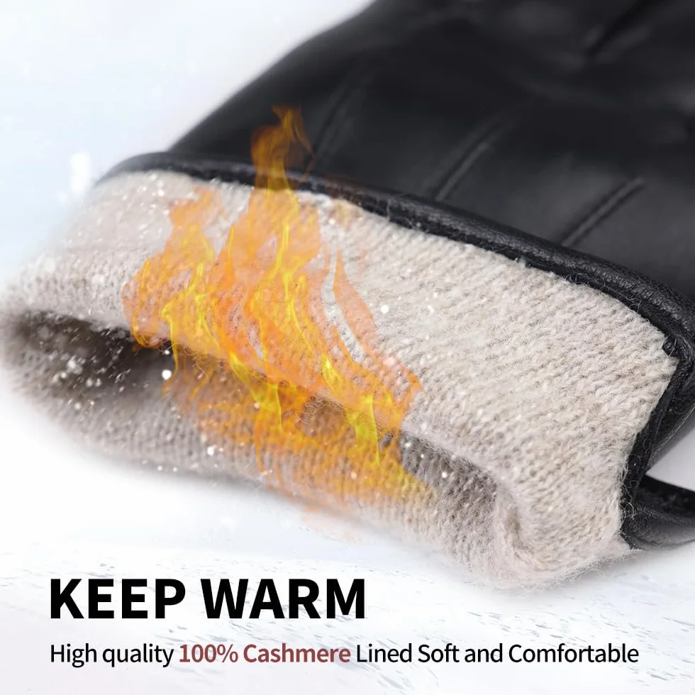 Guantes de invierno de cuero para hombre Guantes de montar de piel de oveja suave con forro de cachemira cálida