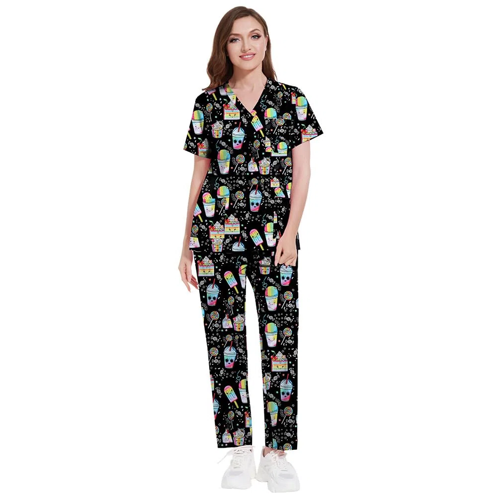 DK73 - Ropa quirúrgica médica para trabajadores sanitarios, estampado de dibujos animados, cuello en V, manga corta, dos bolsillos, poliéster, ligero, para todo el año, juego de trabajo