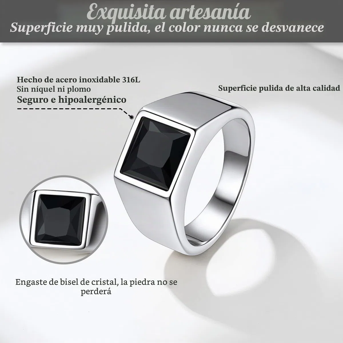 Bestyle Anillo de Sello Cuadrado Hombre Ancho 8mm Piedra Negro/Azul | Acero Inoxidable Personalizados Anillos para Mujer Hombre Tamaño 14.5-32.5