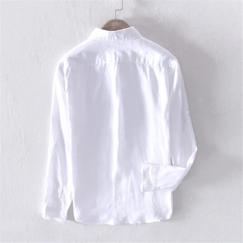 Vsadsau Camisa vintage de manga larga 100 % lino para hombre, estilo casual, L610 Blanco, 3XL