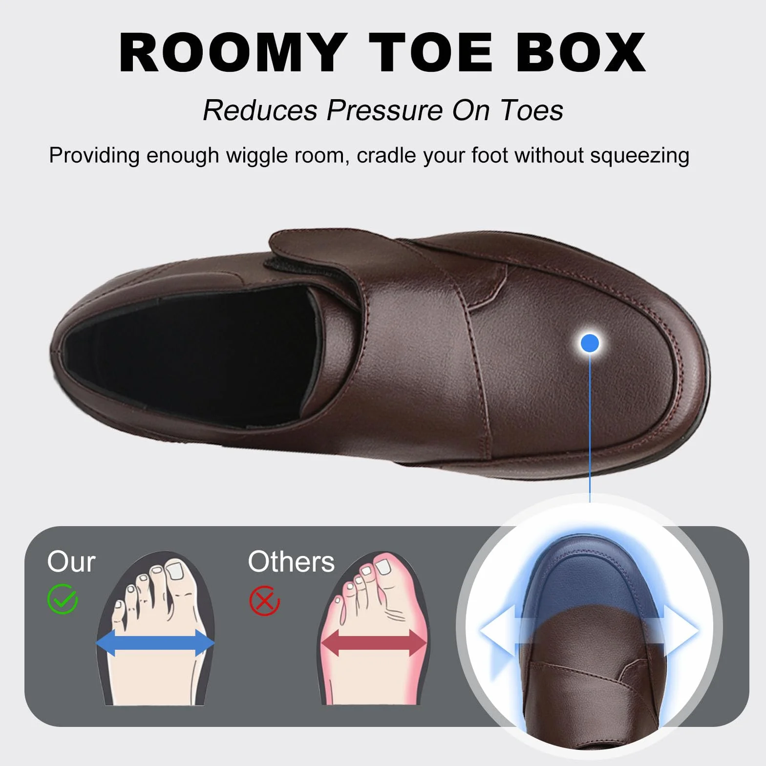 Zapatos para diabéticos, zapatos de cuero extra anchos para caminar, con cierre ajustable, antideslizantes, ligeros, ortopédicos, para ancianos, pies hinchados, pulgar, valgus, negro, 43 EU