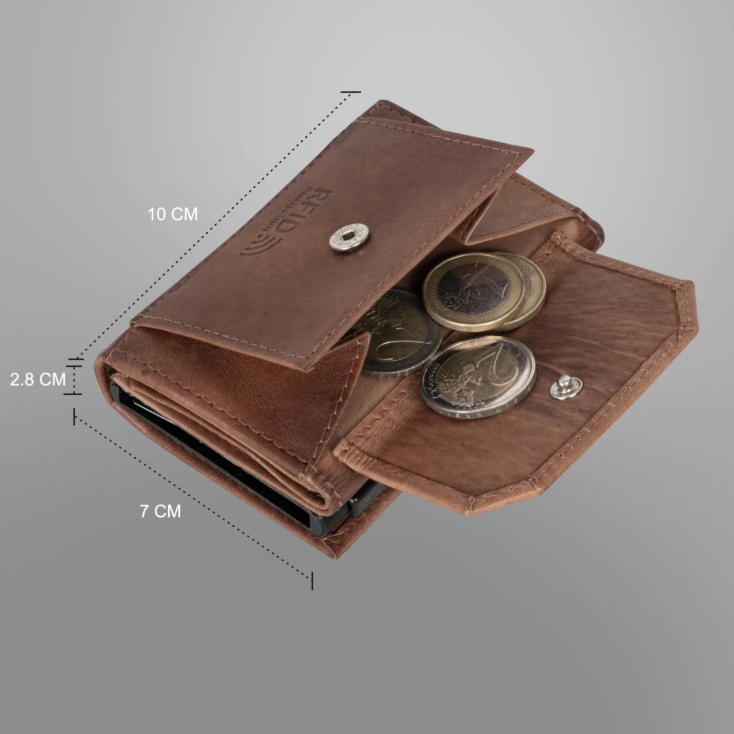 Fa.Volmer Pop-UP VO44P - Tarjetero con Compartimento para Monedas de Piel auténtica para Hombre y Mujer, 11 Tarjetas, protección RFID, Anteque Brown, 6 x 9,5 x 2,5cm, Contemporáneo