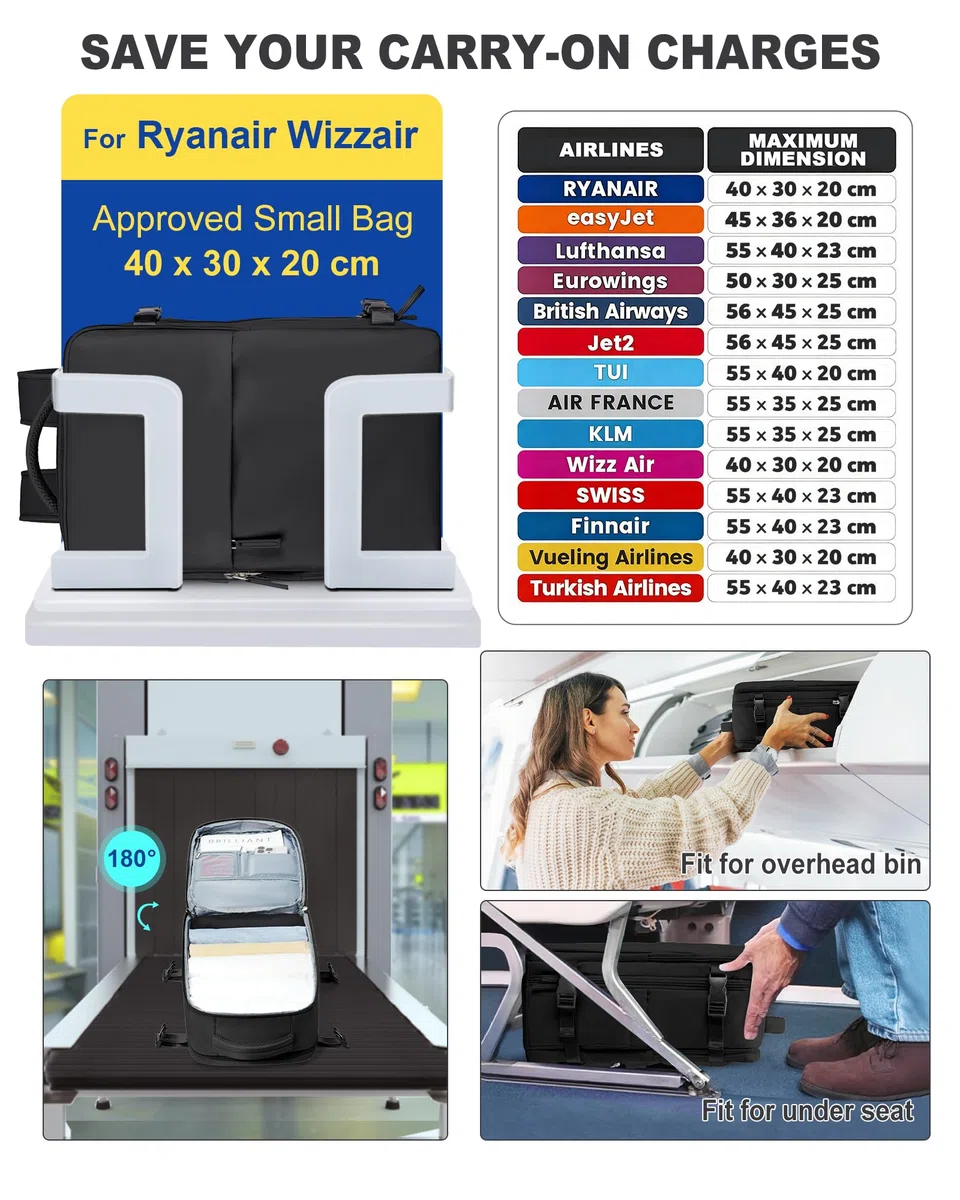 SZLX Mochila al Vacio con Bomba Mochilas Viaje Cabina Avion 40x30x20 Ryanair Vueling Wizzair Equipaje de Mano Bolsas de Viaje Mujer Maletas Easyjet Mochila Portátil Hombre,40x30x20cm,Negro
