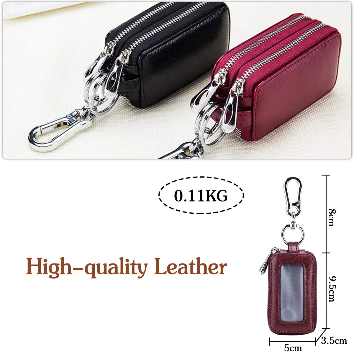 Llaveros de Cuero Genuino para Coche, Llavero, portátil, Llavero, Retro, Impermeable, Doble Bolsa con Cremallera para Hombres y Mujeres, Morado, Large