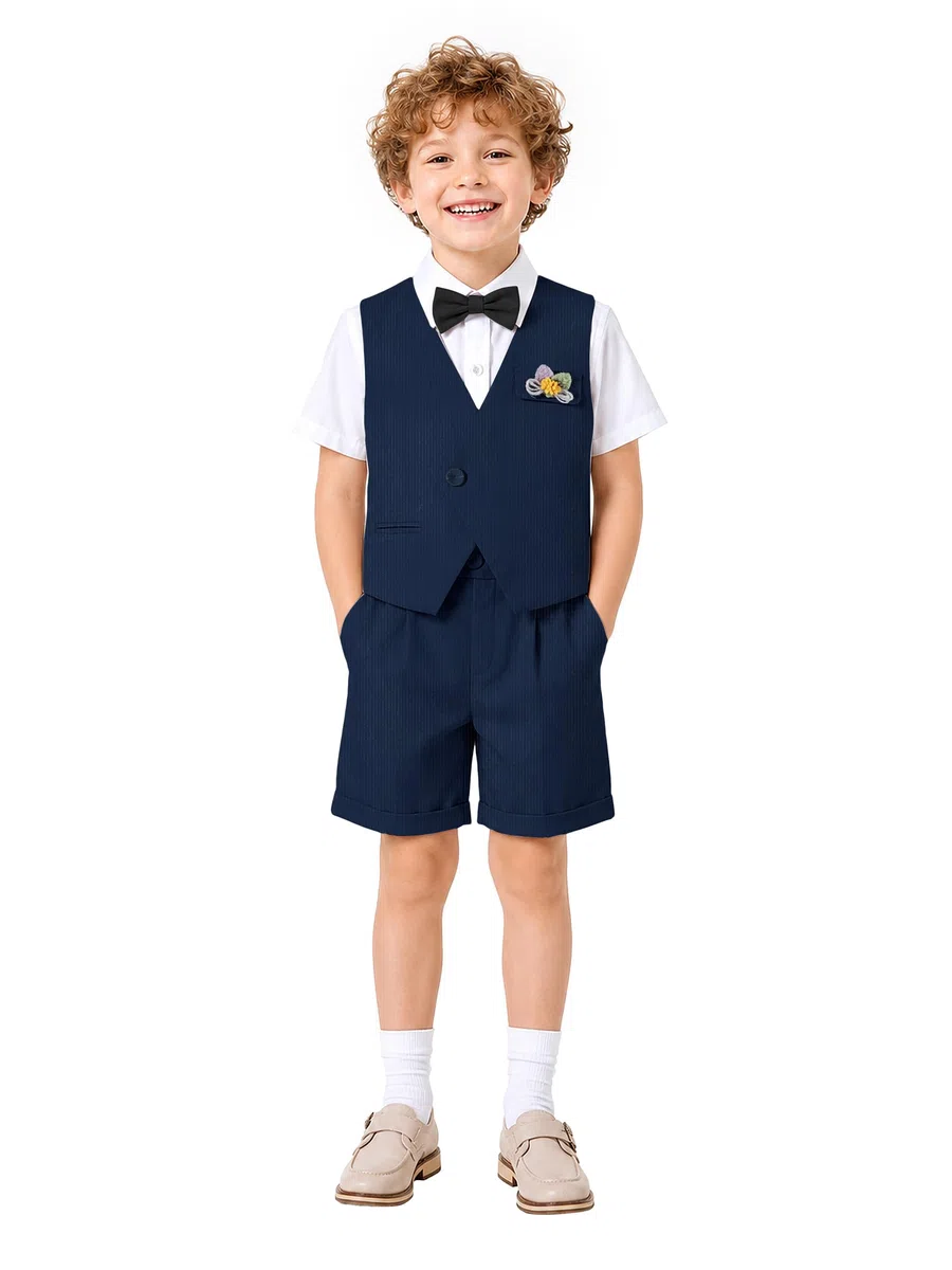 LOLANTA Traje de Verano Niño 6 Piezas con Chaleco Asimétrico, Camisa, Pantalón, Pajarita, Tirantes, Flor, 4-11 años