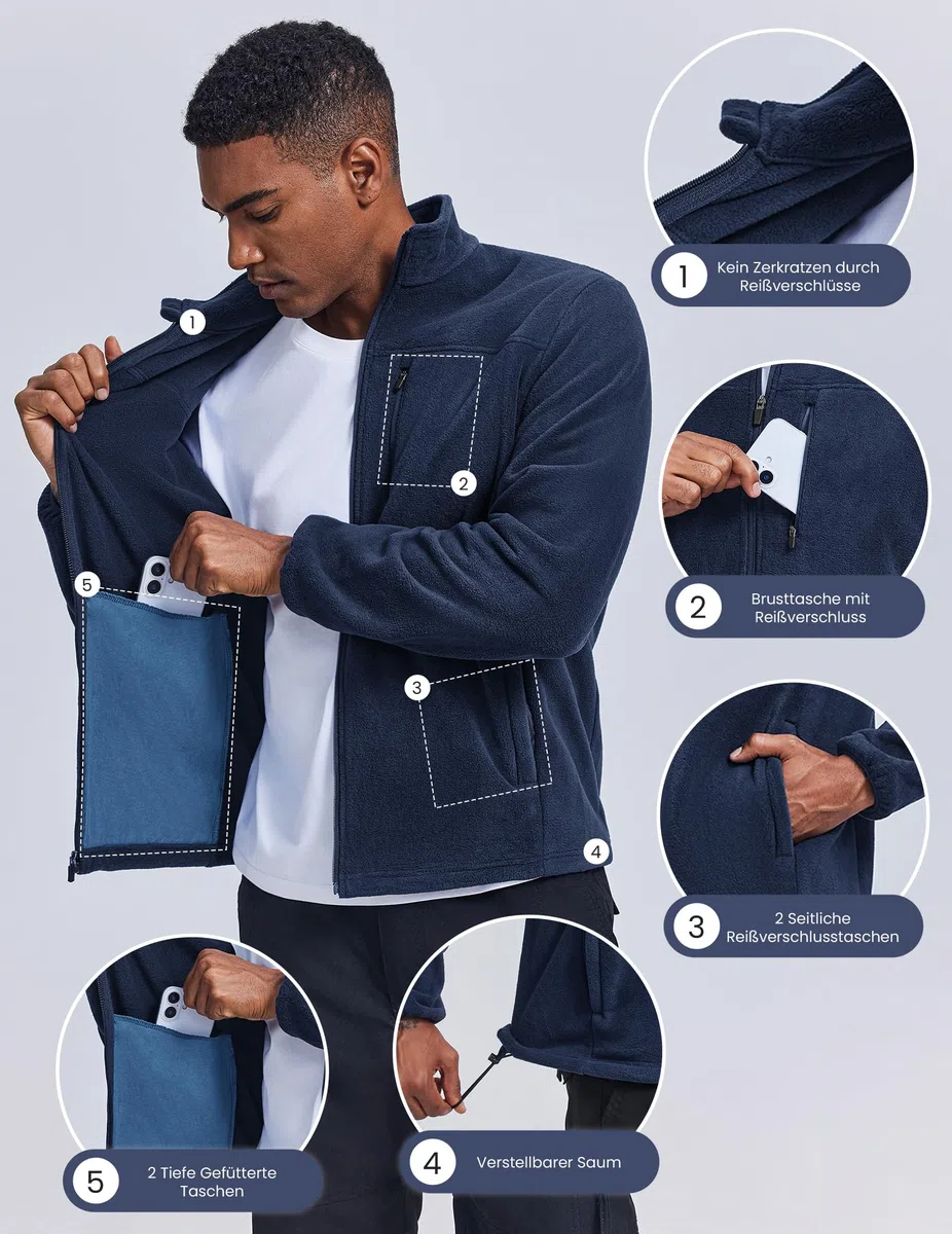 PINSPARK Chaqueta polar para hombre, con cuello alto y cremallera completa, chaqueta de invierno para exteriores, ligera, de polar, para trekking, running y senderismo, cárdigan cálido