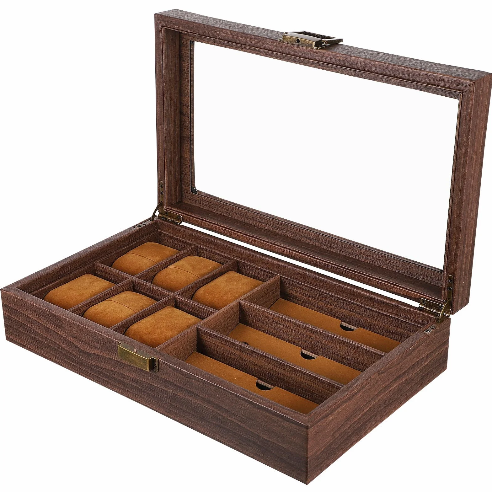 TOYANDONA Caja Organizadora y 3 Espacios Retro de Relojes y Gafas de Madera 6 Compartimentos Estuche Funcional para Almacenamiento y Exhibición para Relojes para Gafas