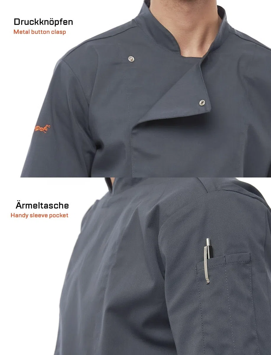 strongAnt Chaqueta de Chef para Hombre Slim Fit Stretch con Botones de presión, Chaqueta de Panadero - Manga Larga - Negro Gris Blanco