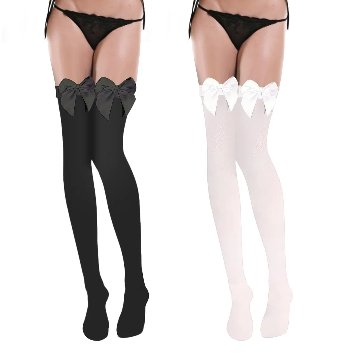 2 pares Medias Mujer,Antideslizante,Medias con Lazo,Estilo y Sofisticación,Opacas de Muslo de Mujeres Medias Largas Sobre Rodilla,Ideales para Todo Tipo de Fiestas, Ropa Familiar(Negro y Blanco)