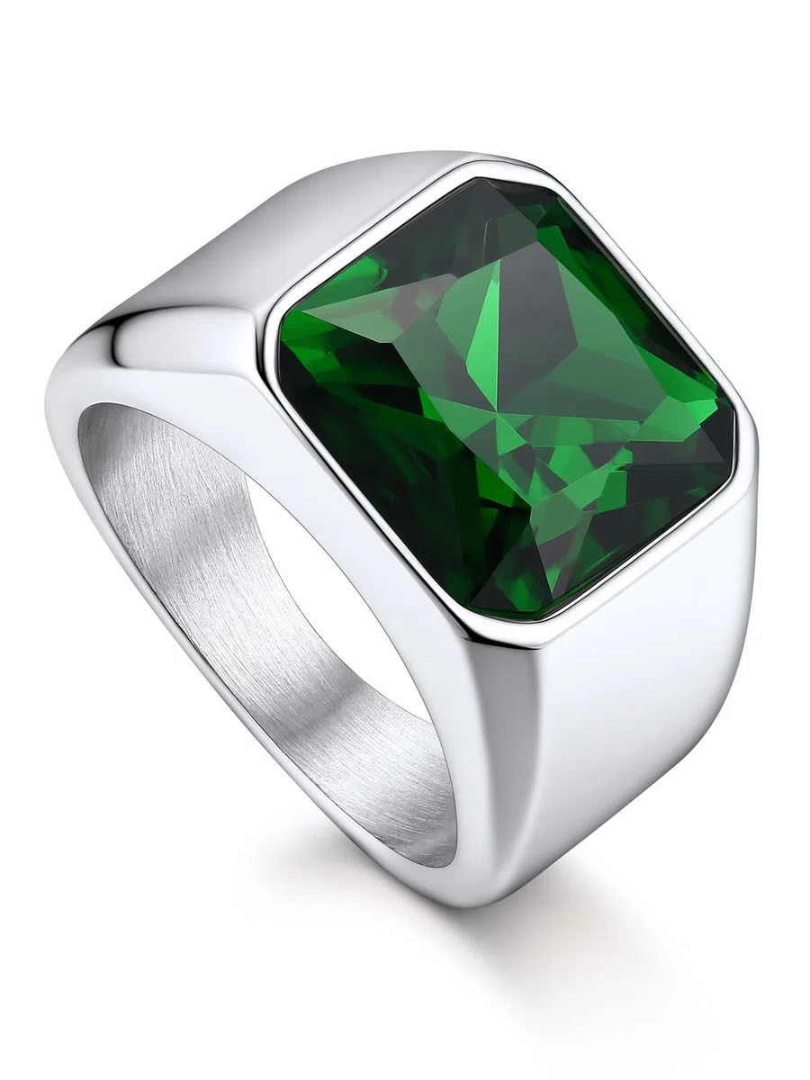 Bandmax Anillo con Piedra Verde/Rubí/Negro/Zafiro 12mm Ancho, Anillo Precioso para Hombre Mujer Tamaño 54mm a 72mm, Joyero Incluido