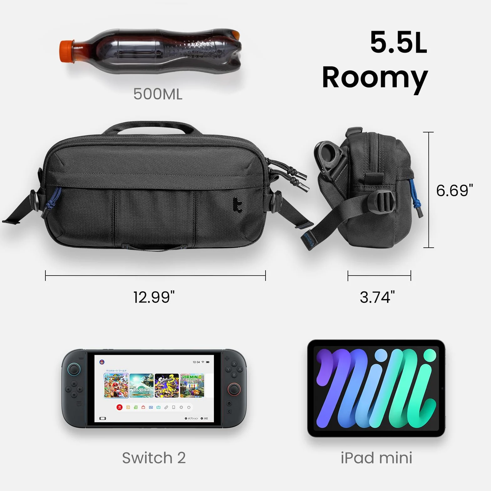 tomtoc 5,5L Bolso Bandolera Sling Bag con Switch 2 (2025), Bolso de Hombro para Hombre, Bolso cruzado de Viaje Compatible con iPad mini/Steam Deck OLED/DJI Osmo Mobile 6/Pocket 3, Impermeable, Negro