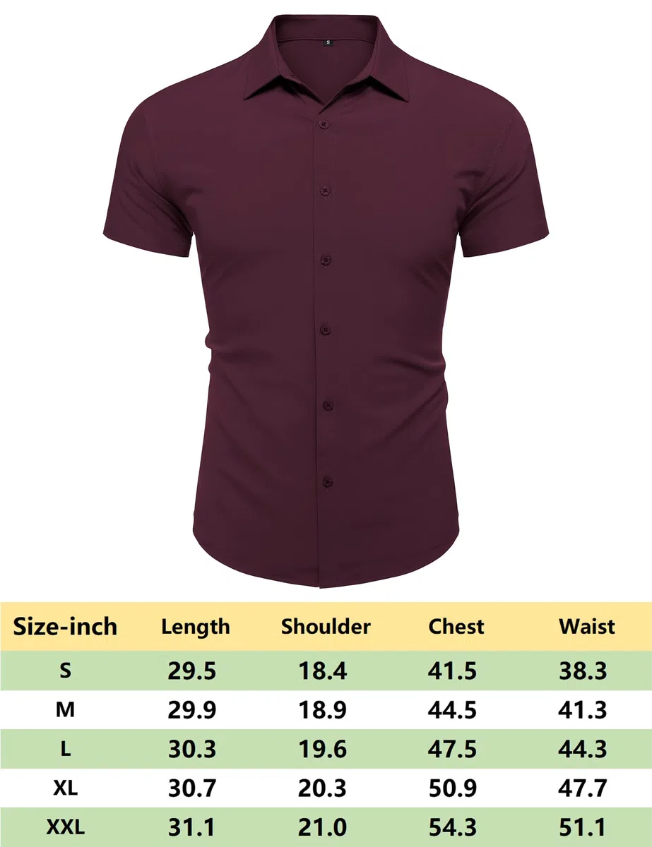 URRU Camisas de Vestir musculares para Hombre, Ajustadas, elásticas, de Manga Corta, Casuales, con Botones, para Hombre, Manga Corta-Vino Rojo, Medium