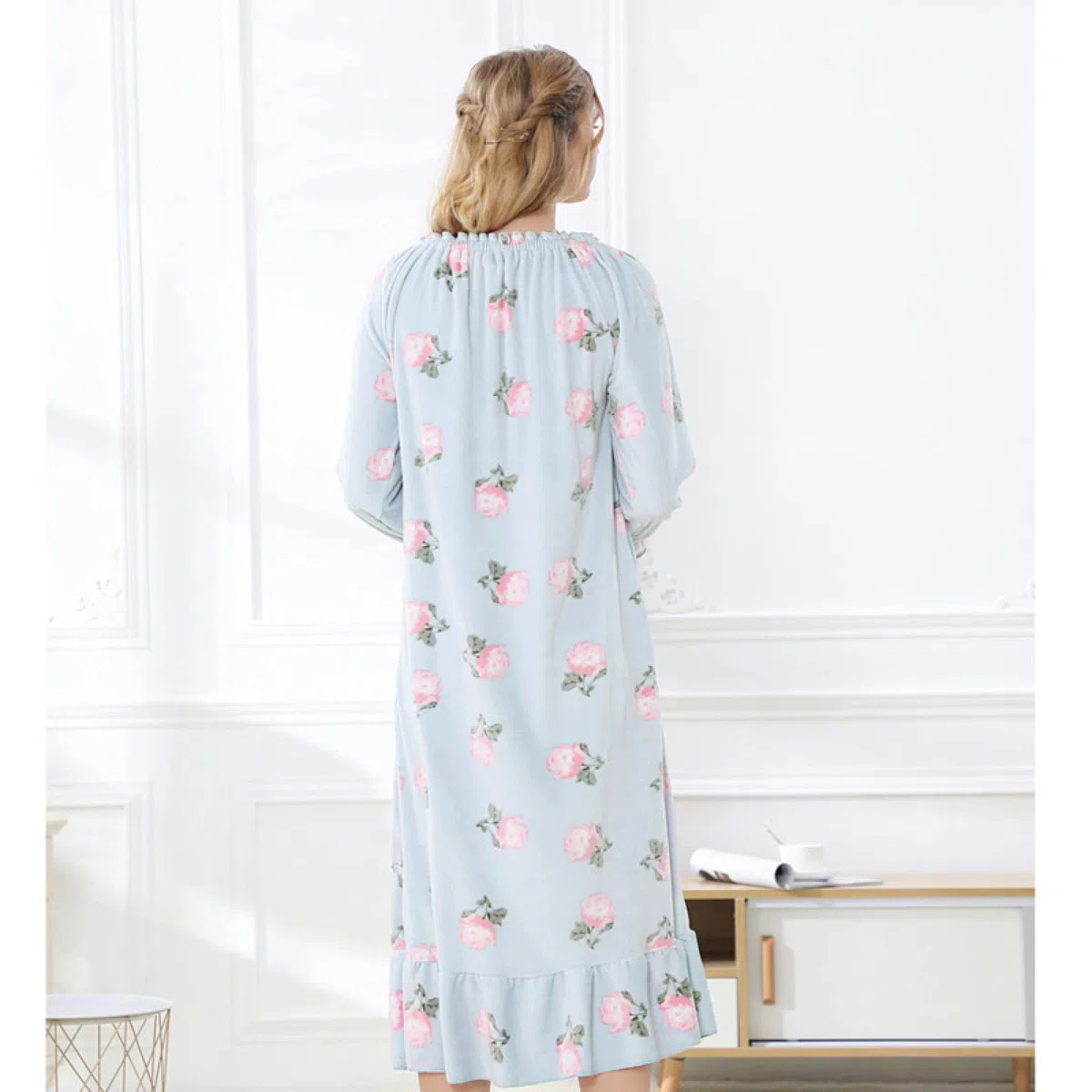 OFFSUM Camisón De Pijama De Mujer - Primavera Otoño Cuello Redondo Vellón Cómodo Camisón Lencería Elegante Ropa De Dormir Lindo Ropa De Casa Ropa De Camisón