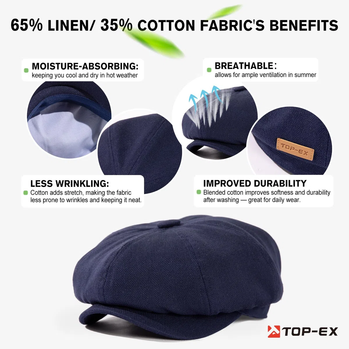 TOP-EX Gorro de verano para hombre, ligero, transpirable, 8 paneles, plano, Gatsby de lino, para cabezas grandes, M/L L/XL XL/XXL