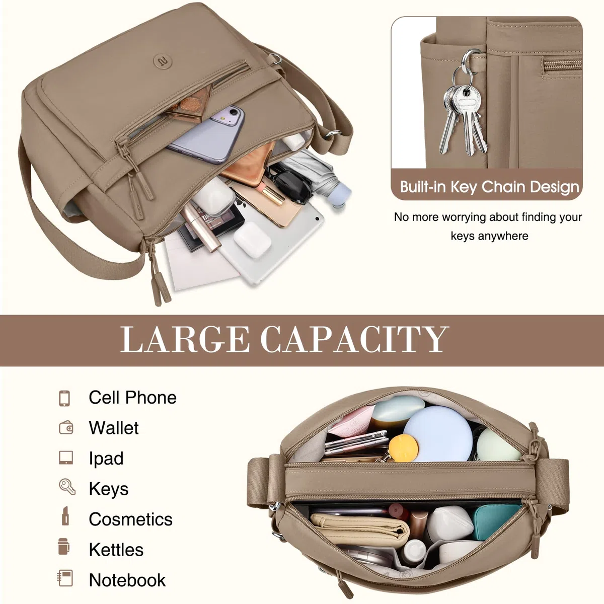 Bolso Bandolera Mujer Impermeable Bolsos de Hombro Casual Mujer de Nailon Moda Crossbody Múltiples Bolsillos Bolsa de Cuerpo Cruzado con Correa Ajustable para Viaje shopper Escuela so Diario