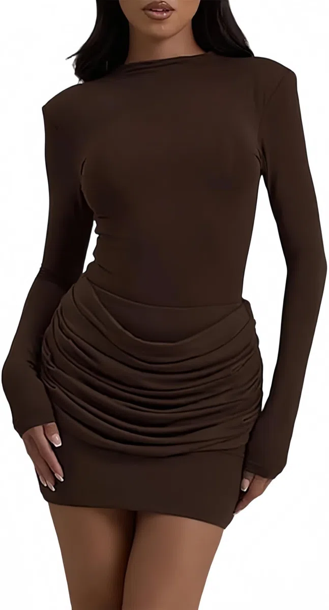 Vestido Mujer Elegante Manga Larga Cuello Alto Vestidos Ajustado con Diseño Drapeado Sexy Mini Vestido de Fiesta Casual Vestidos Corto para Noche Club Eventos Especiales Otoño Invierno