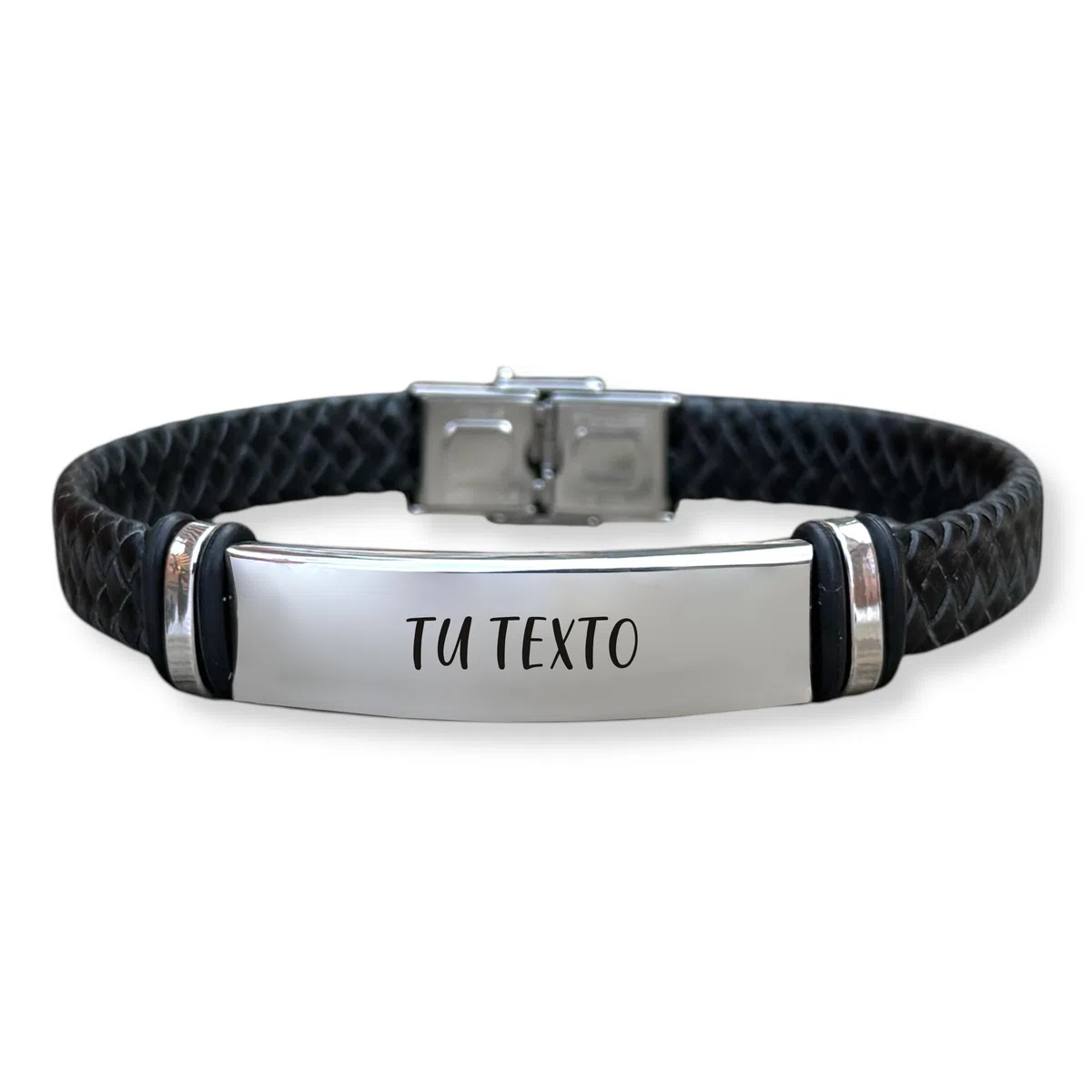 Pulsera personalizable con tu texto, totalmente ajustable, fabricada con cuero y acero. MODELO MOISES 2. Regalos día del padre, regalos San Valentín.
