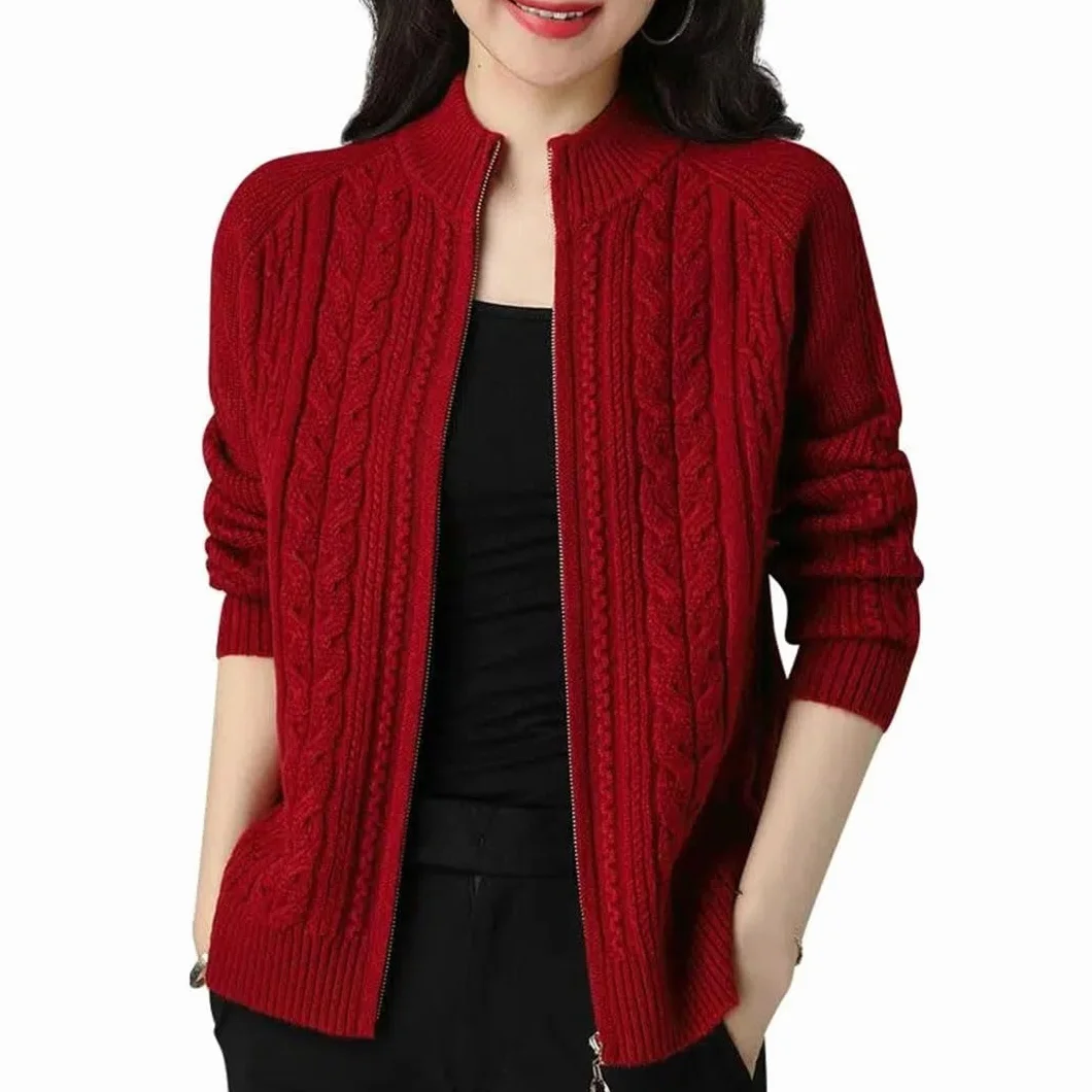 Chaqueta Tipo Cárdigan De Punto con Cremallera Y Cuello Alto para Mujer, Cárdigans De Manga Larga, Suéter Grueso