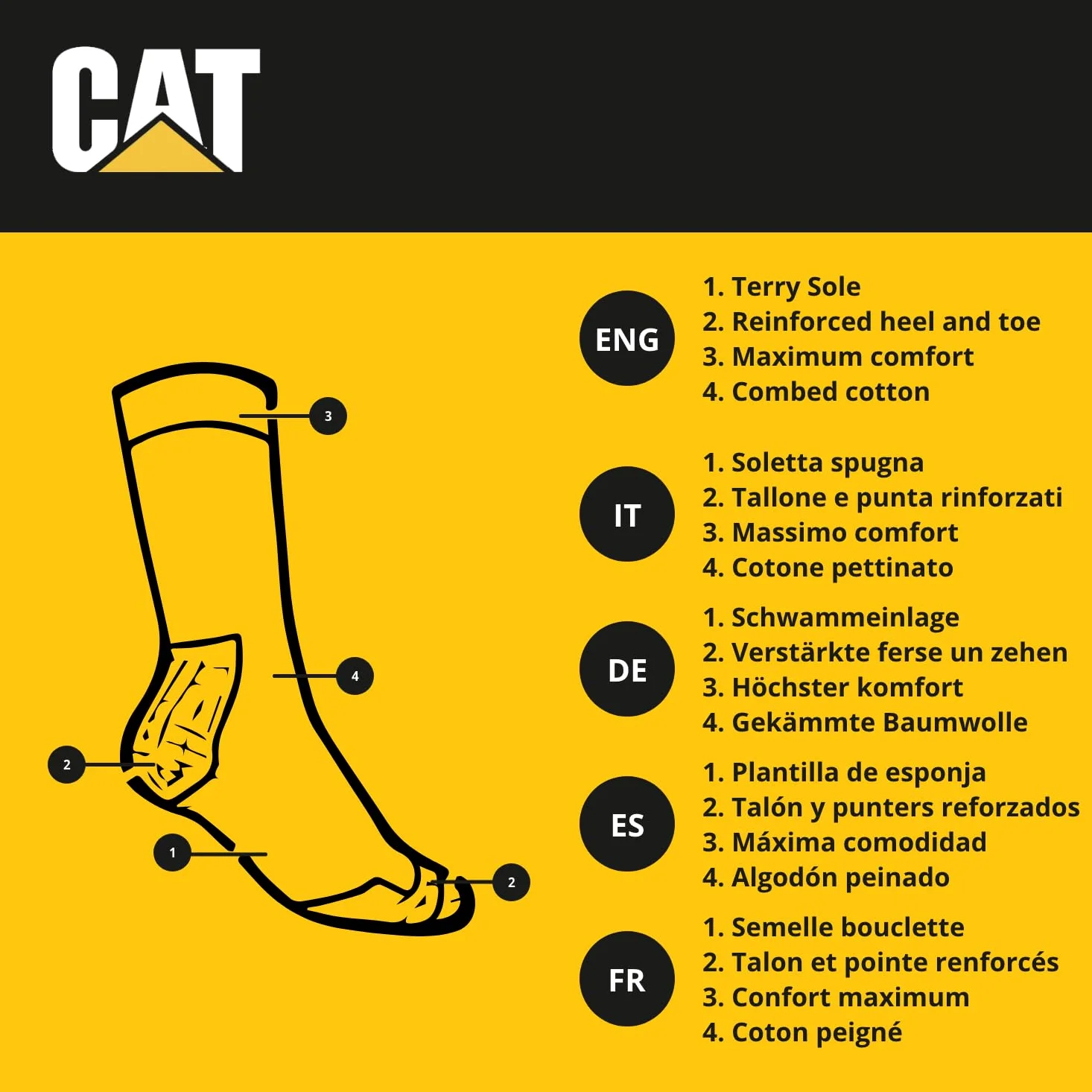 Caterpillar 4 Pares Calcetines Largos de Trabajo para Hombres Reforzados en el Talón y Punta, Algodón