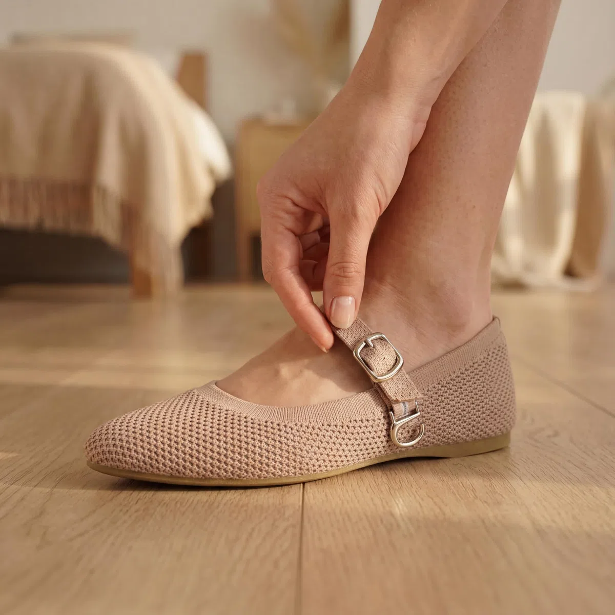 GLAMORA Bailarinas Mujer Merceditas Punto Correa Hebilla Cierre Rápido Zapatos Planos Cómodos Plantilla Acolchada Tejido Transpirable Verano Ligero Diario Ajustable