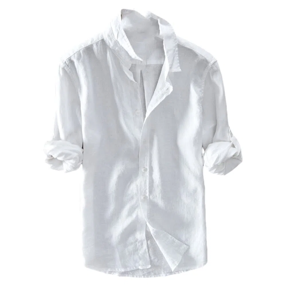 Vsadsau Camisa vintage de manga larga 100 % lino para hombre, estilo casual, L610 Blanco, 3XL
