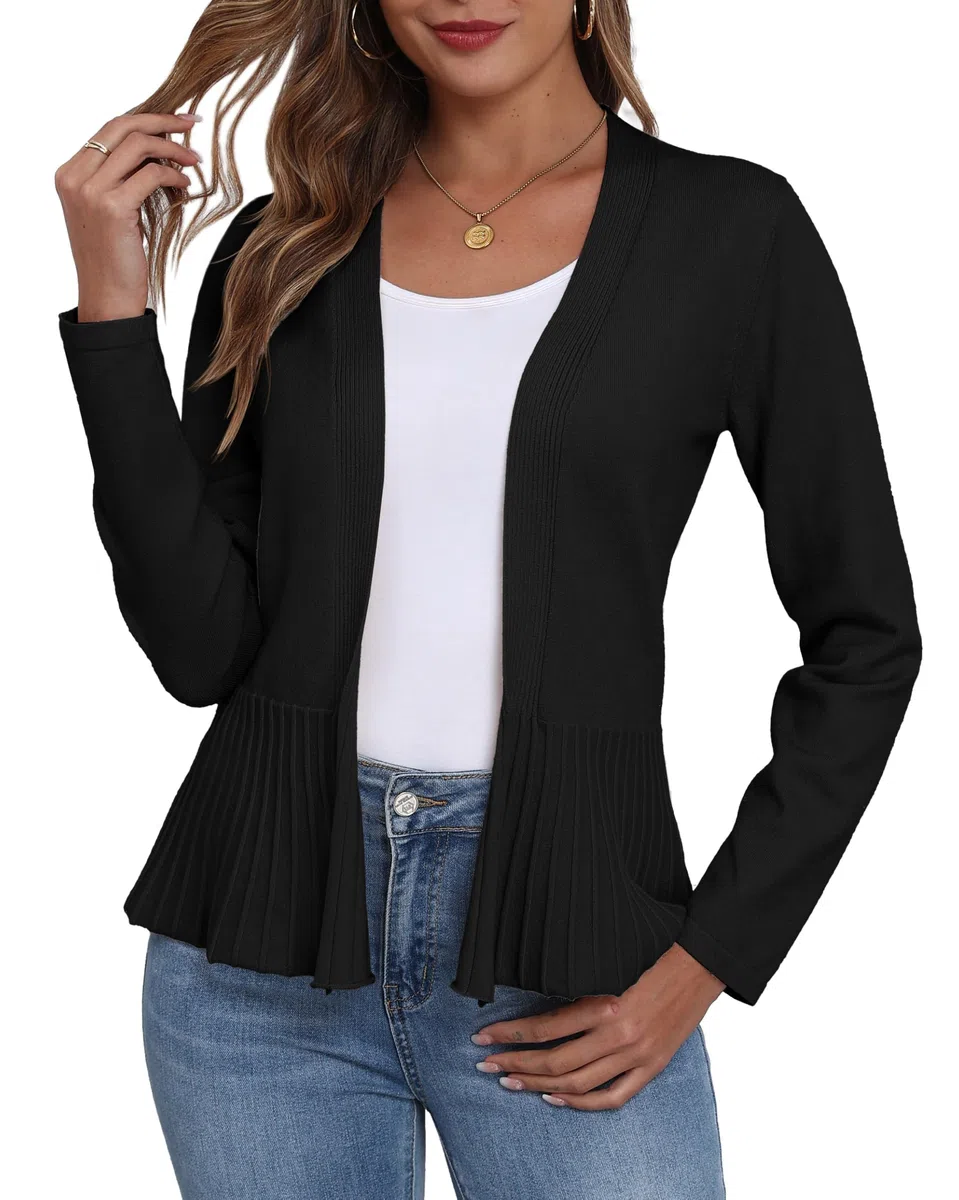GRECERELLE Cárdigan de punto para mujer con dobladillo plisado, ligero, manga larga, cárdigan para mujer, corto, elegante, informal, con frente abierto, bolero Cover Up