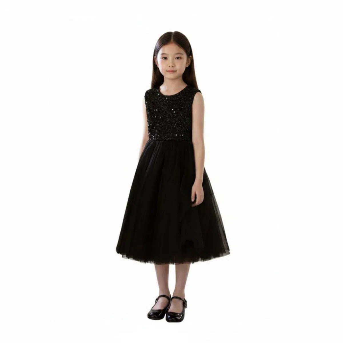 predolo Vestido de Actuación sin Mangas Brillante Vestido de Fiesta Negro Infantil Diseño Elegante para Bodas