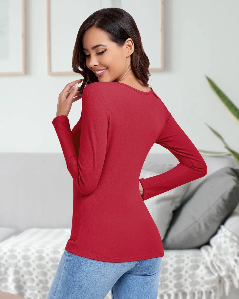 WOWENY Camiseta térmica de manga larga para mujer, de forro polar, con escote de cariño, elegante, camiseta térmica de manga larga, manga 3/4, cálida y cómoda, para invierno