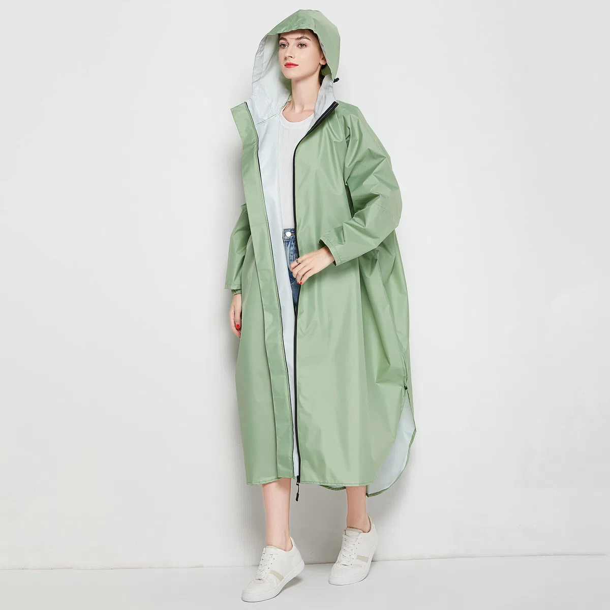 Chubasquero Largo para Mujer, Impermeable Ligero con Capucha para Bicicleta y Ciclismo