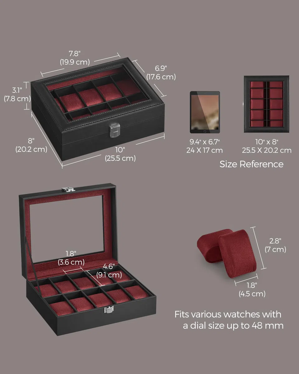 SONGMICS Caja de reloj, caja de reloj de 10 ranuras con tapa de cristal grande, almohadas de reloj extraíbles, organizador de caja de reloj, regalo para seres queridos, cuero sintético negro, forro
