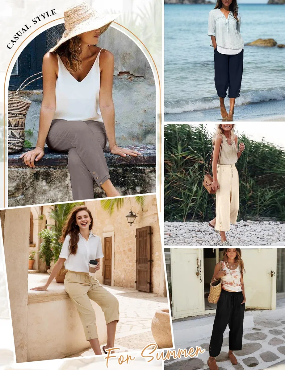 Voqeen Mujer Pantalones Verano de Algodón Frescos Pantalón Cintura Alta Elástico con Bolsillos Casual 3/4 Pantalones Anchos con Cordón Ligeros y Cómodos