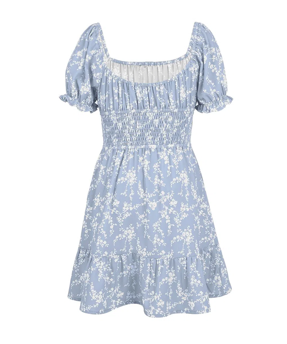 Goranbon Vestido floral de verano para niñas 2025, manga abombada, cuello cuadrado, fruncido, vestido de sol