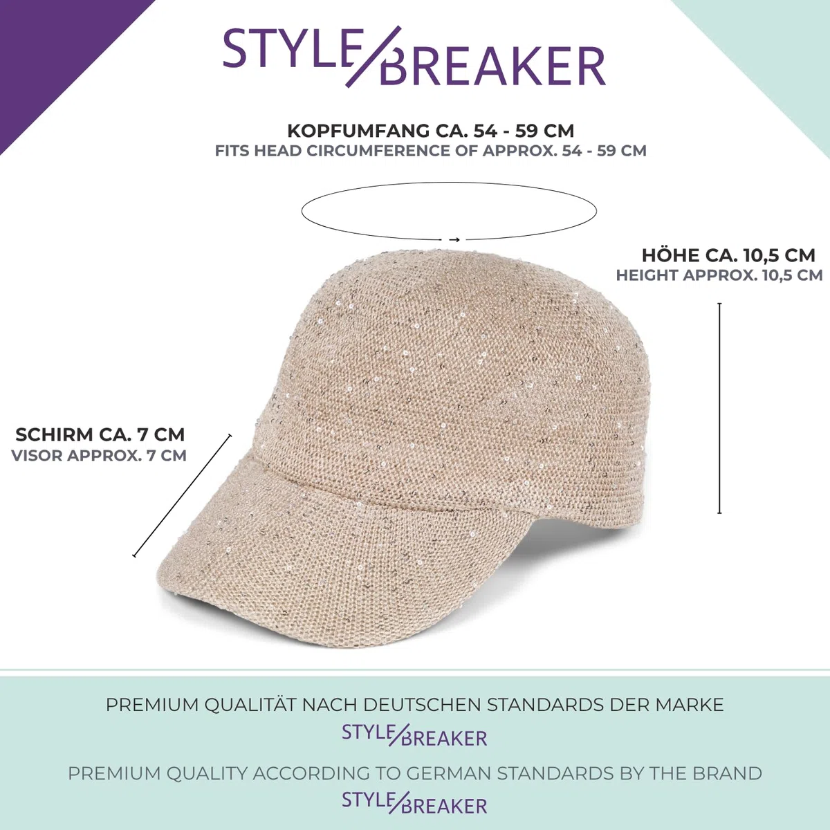 styleBREAKER Gorra de Verano para Mujer con Bordado de Lentejuelas, diseño Transpirable y Hebilla metálica Ajustable, protección Solar Sencilla para Playa y Ocio