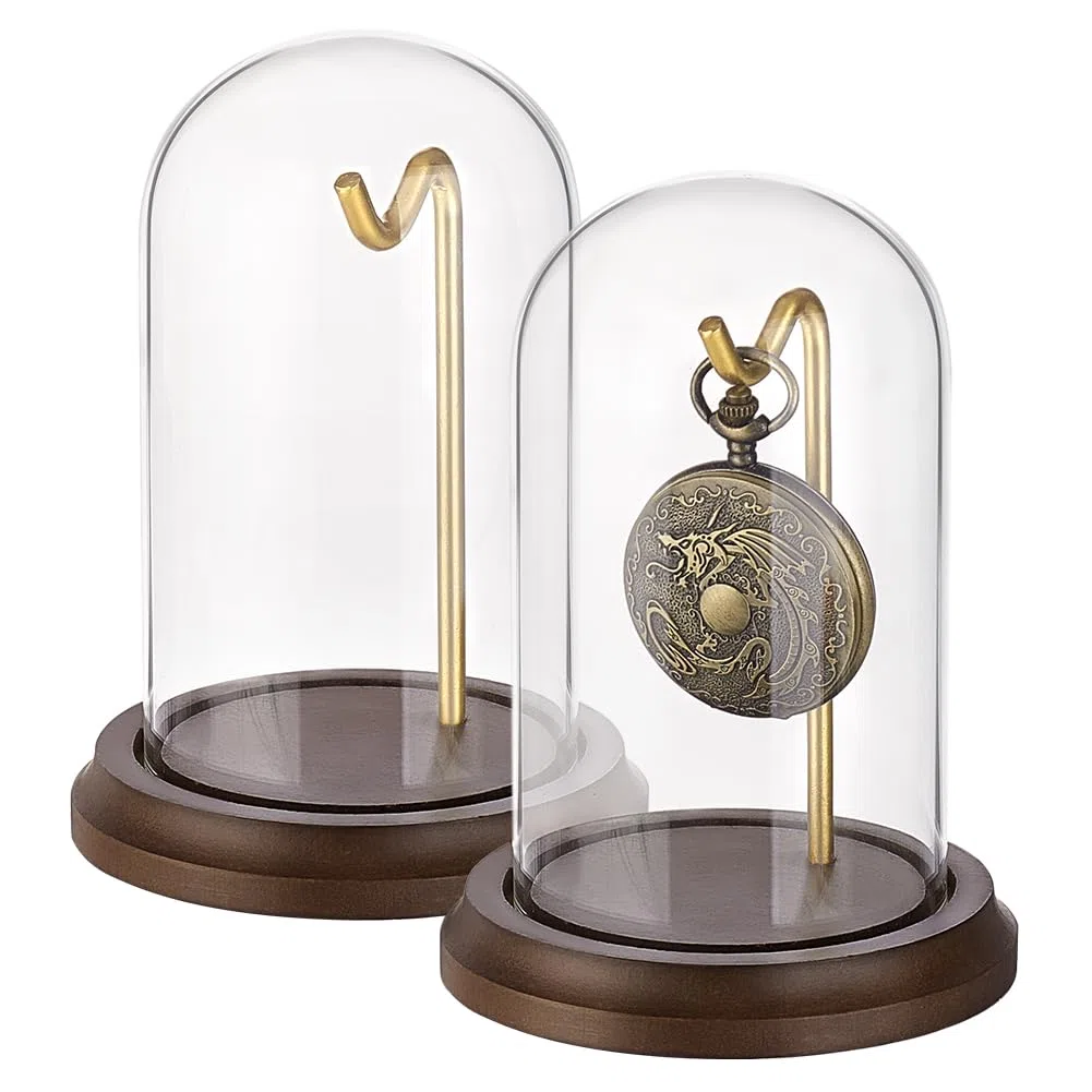 PH PandaHall 2 piezas de 4 x 5 pulgadas para reloj de bolsillo con gancho de metal, tarro decorativo para exhibición de reloj con base de madera, vitrina de cristal para reloj de bolsillo, medallas