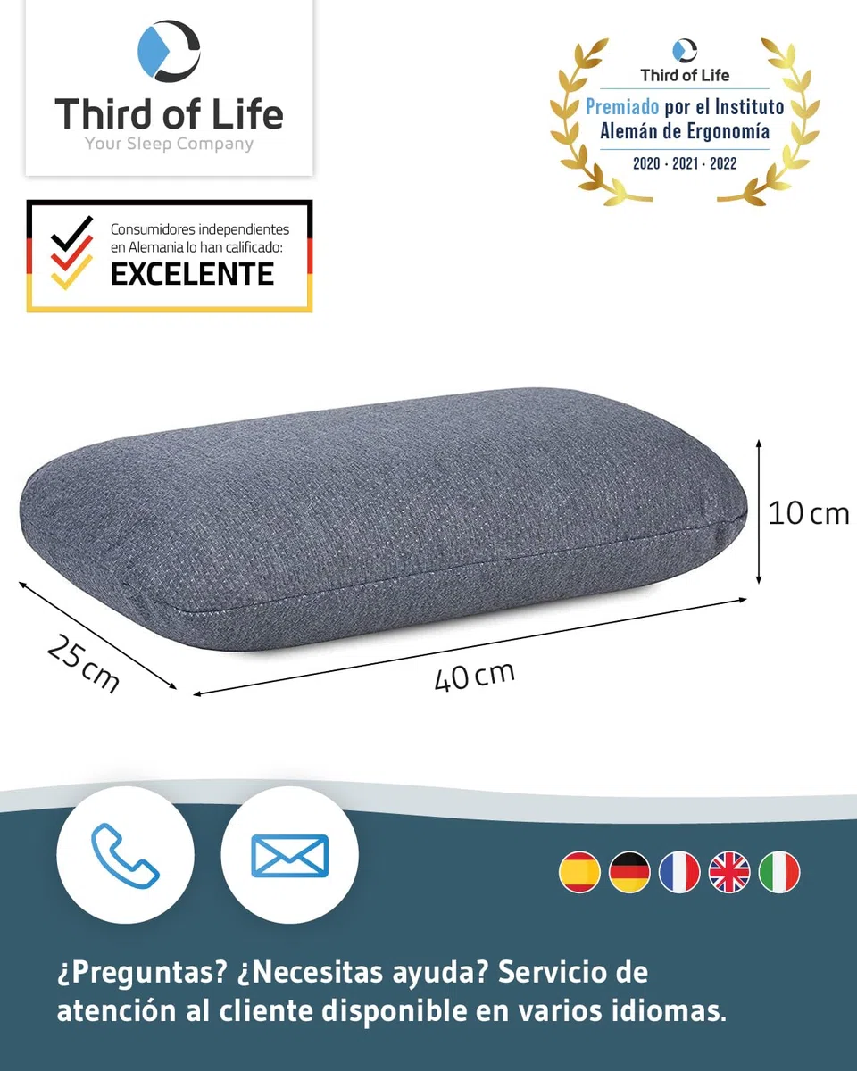 Third of Life Almohada de Viaje Volar Quickdry | Almohada Pequeña Ergonómica Viscoelástica | Funda Gris con Termorregulación y Secado Rápido | Cojín pequeño Tren, avión y Coche | Almohada Camping