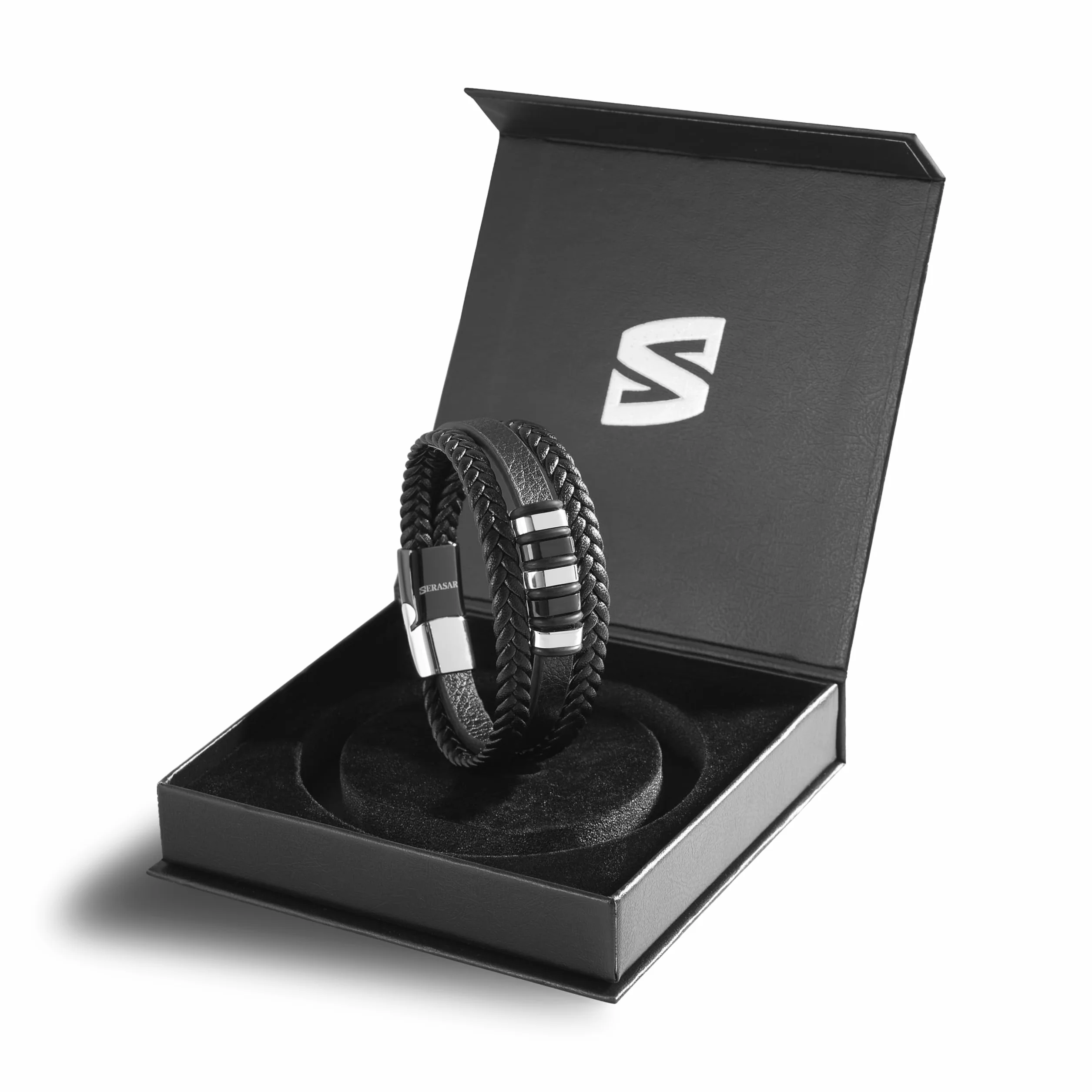SERASAR | Pulsera de Cuero Premium [Glory] para Hombre en Negro | Cerradura Magnética de Acero Inoxidable en Plata y Oro | Joyero Exclusivo | Gran Idea de Regalo