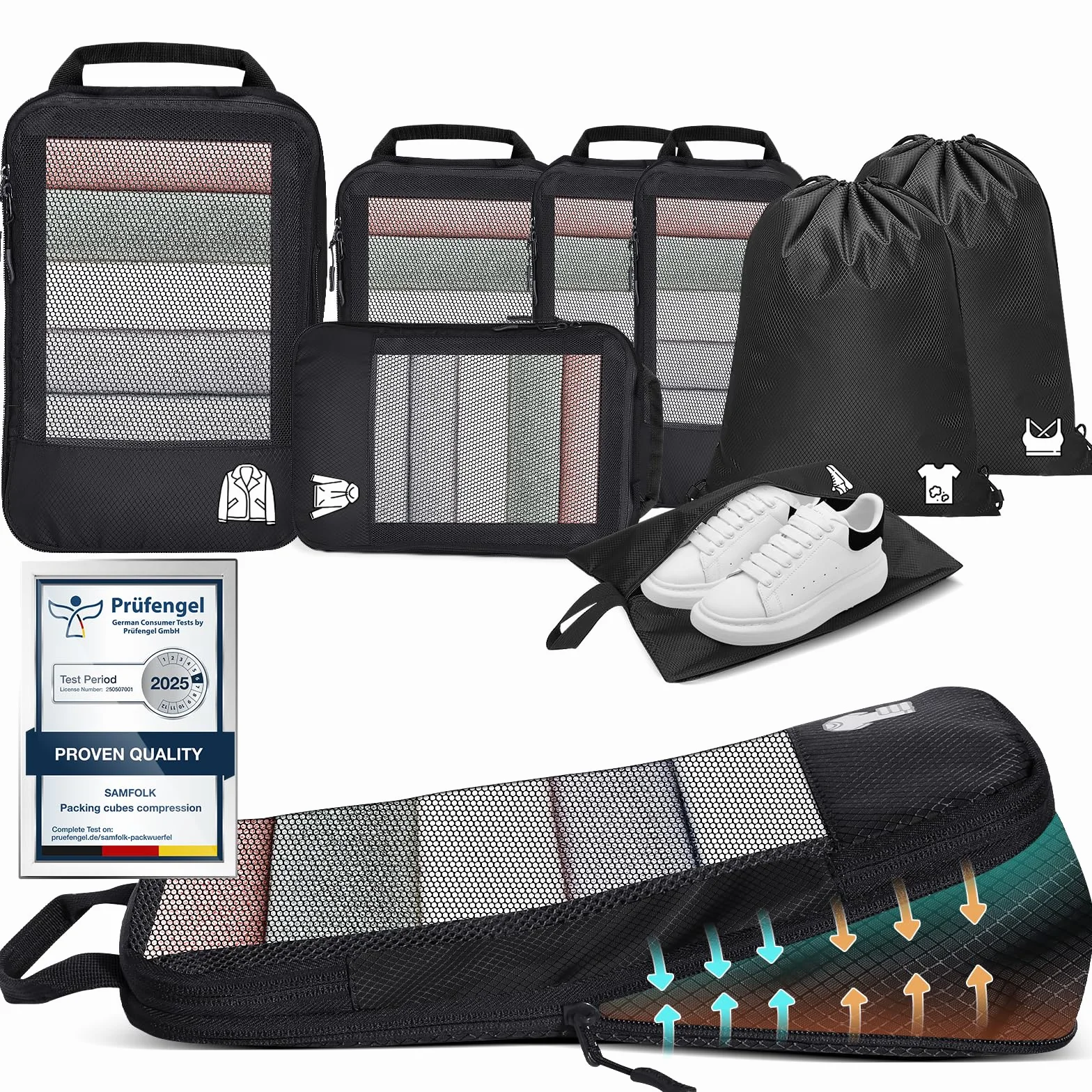 Packing Cubes Compression Organizador Maleta 8 Piezas, Bolsas Viaje Organizador Travel Essentials Negro