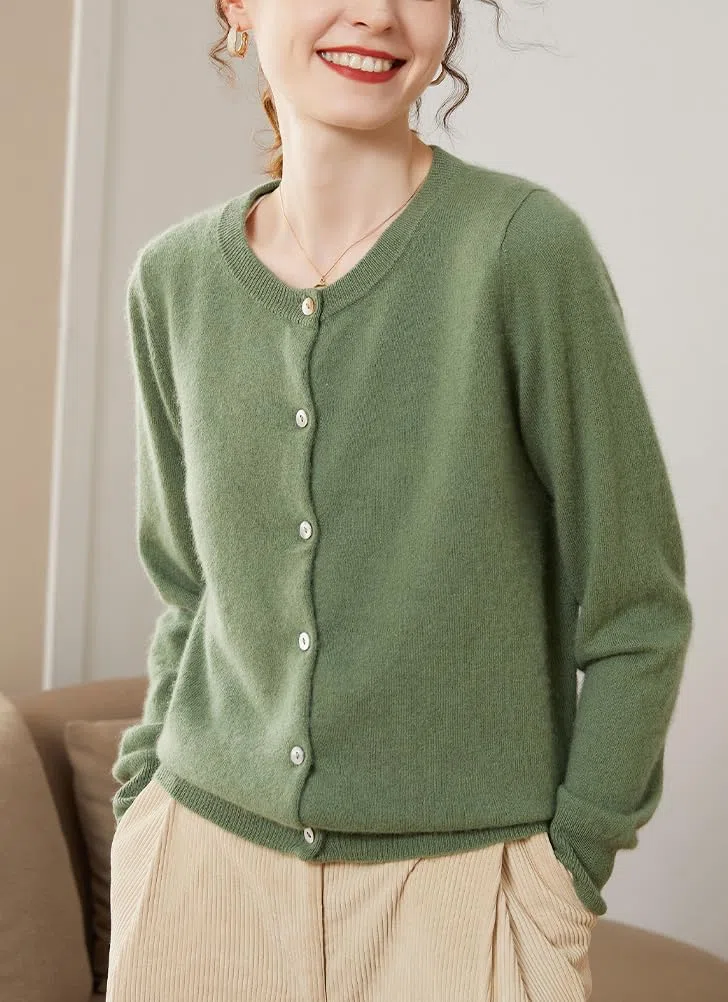 Valin Chaqueta de punto de cuello redondo de cachemira para mujer, verde, 46 | Mezcla de lana de cachemira, cuello redondo, hombro caída, tira de botones, corte holgado, punto liso, suave, uso diario